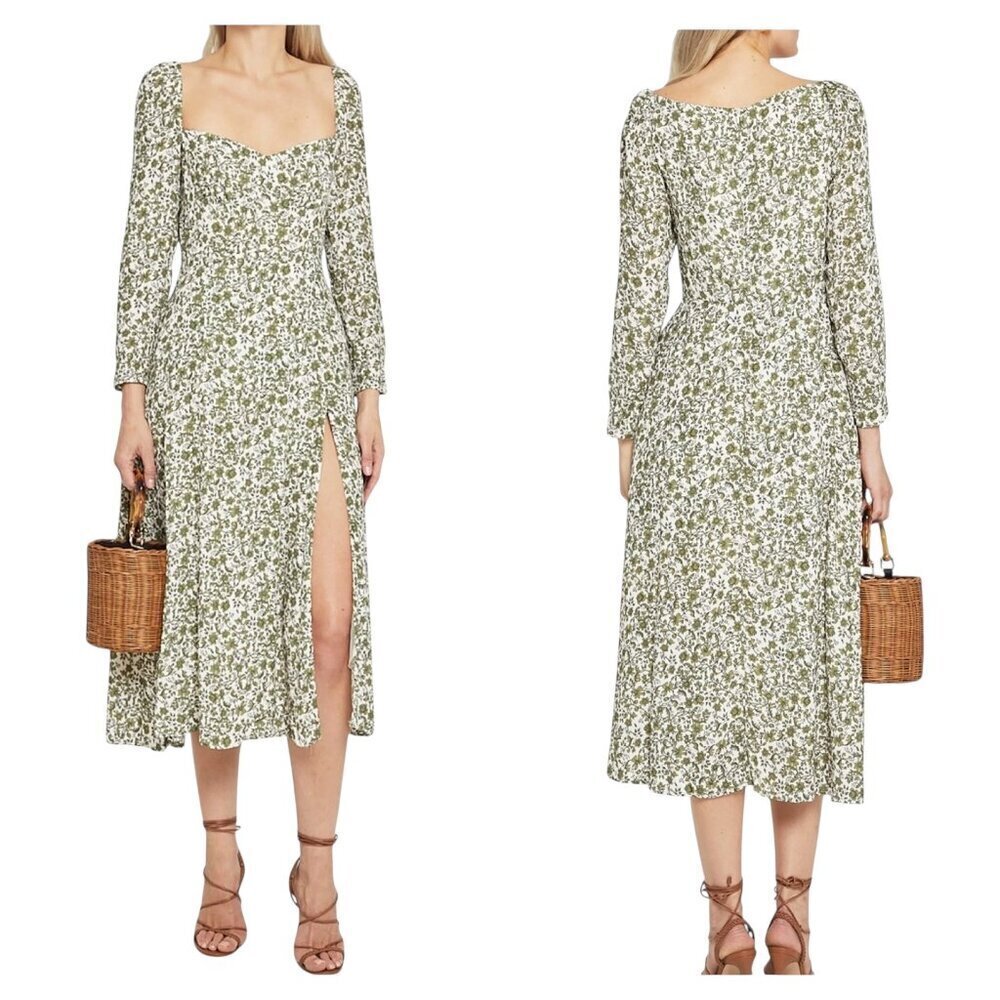 O.P.T. Crimini Floral Midi Dress Green White Slit Long Sleeve NWT Size Large